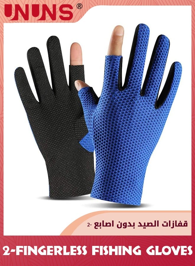 UNUNS Fishing Gloves,2-Fingerless Fishing Hunting Sport Running Bike Gloves,Sun Protection Gloves UV Protection,Non-Slip Gloves For Cycling Kayaking Driving Sailing Boating,Blue  - Image 1