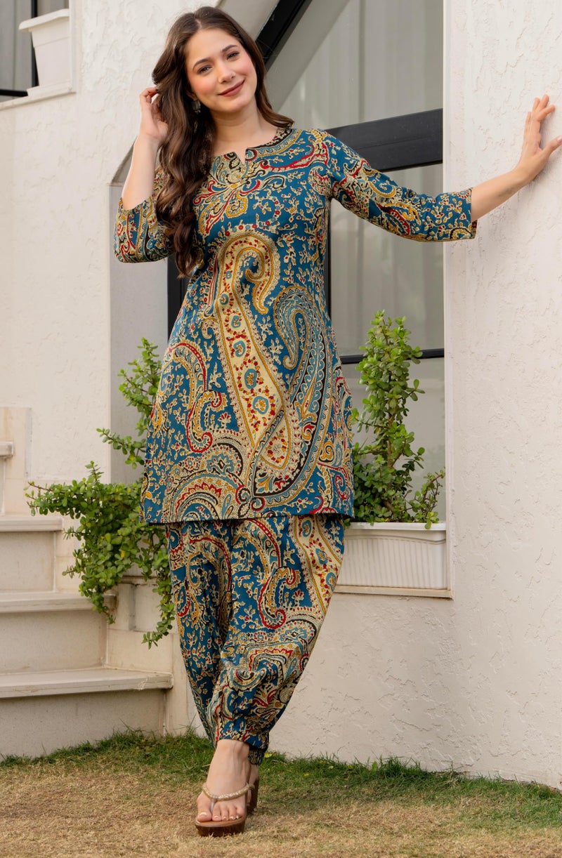 rytras Women's Pure Cotton Printed Ethnic Wear Straight Kurta Set with Palazzo Pants(RYT708,Blue,XL) - Image 3