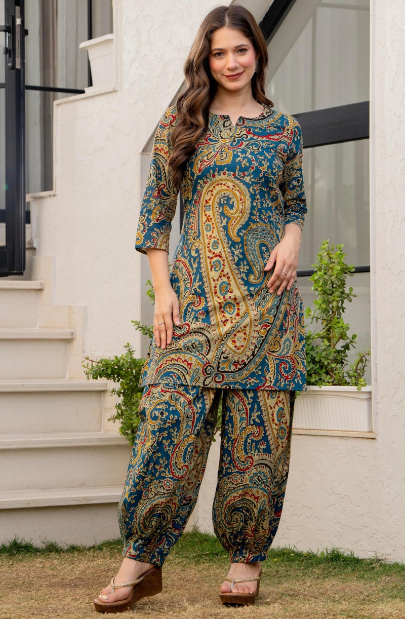rytras Women's Pure Cotton Printed Ethnic Wear Straight Kurta Set with Palazzo Pants(RYT708,Blue,XL) - Image 4