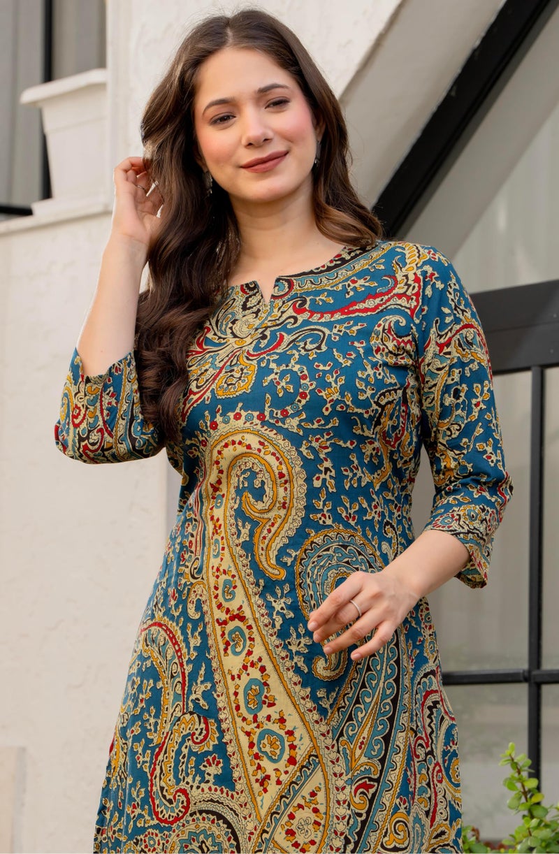 rytras Women's Pure Cotton Printed Ethnic Wear Straight Kurta Set with Palazzo Pants(RYT708,Blue,XL) - Image 5