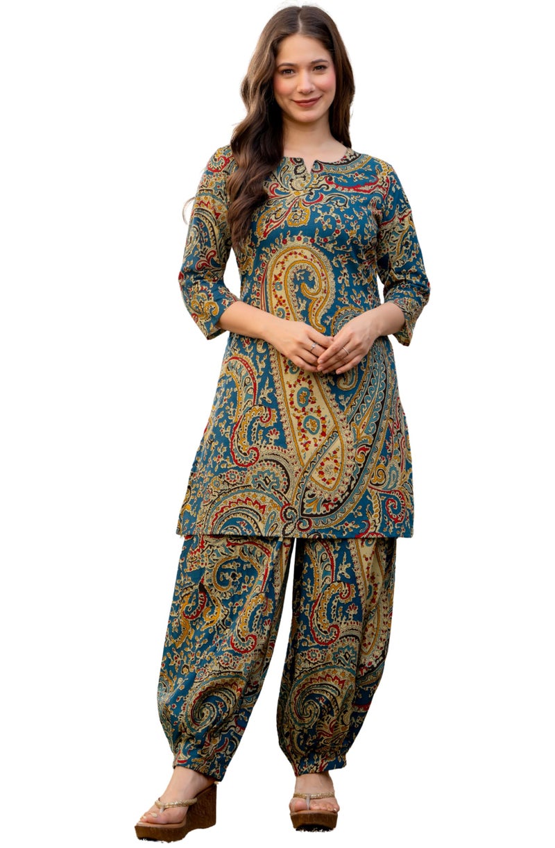 rytras Women's Pure Cotton Printed Ethnic Wear Straight Kurta Set with Palazzo Pants(RYT708,Blue,XL) - Image 1