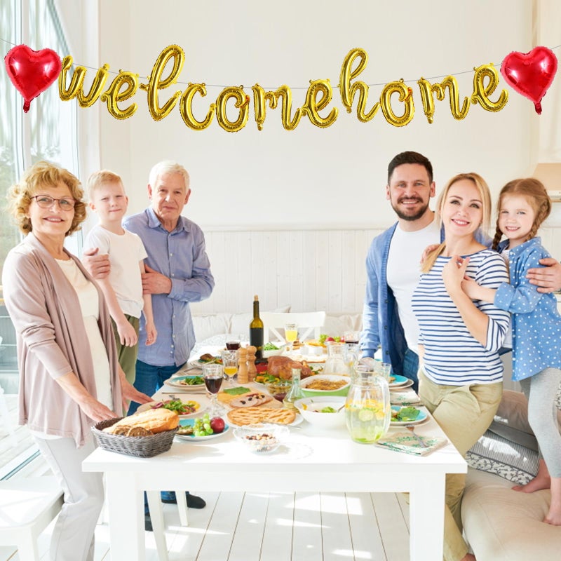 TONIFUL Welcome Home Balloons,Gold Cursive Welcome Home Foil Balloons Banner 16 Inch Welcome Home Party Decorations for Homecoming Party Decorations House Warming Party Family Gathering Supplies - Image 4