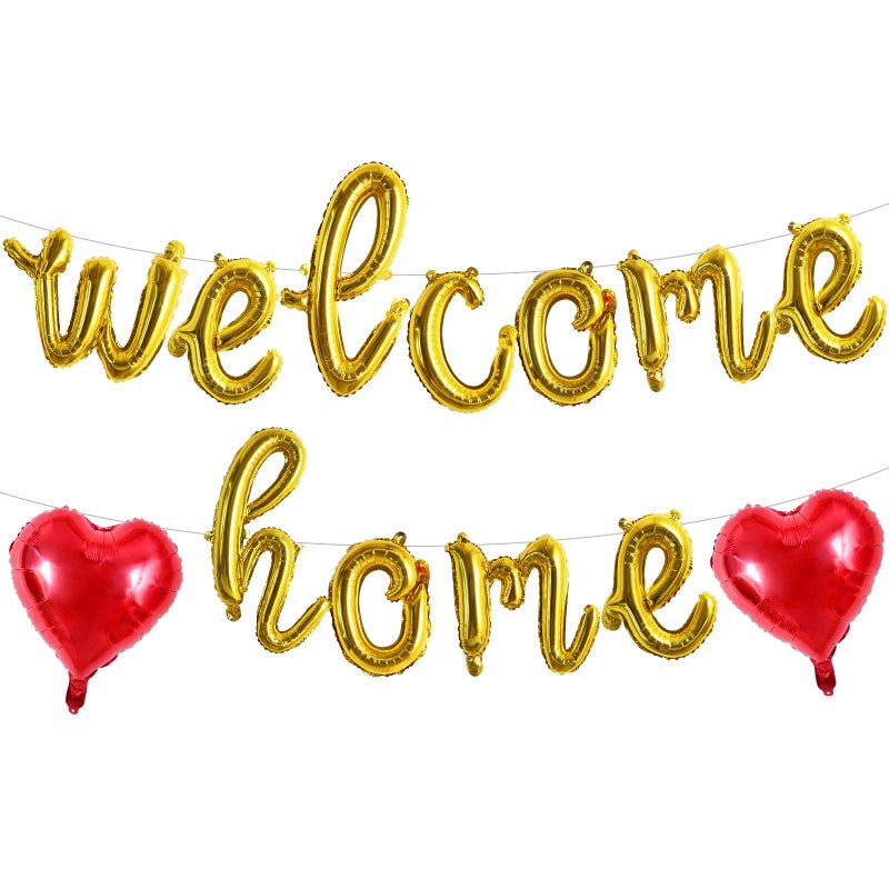 TONIFUL Welcome Home Balloons,Gold Cursive Welcome Home Foil Balloons Banner 16 Inch Welcome Home Party Decorations for Homecoming Party Decorations House Warming Party Family Gathering Supplies - Image 1