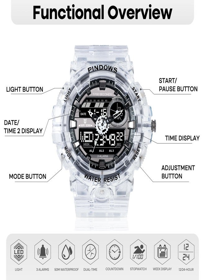 PINDOWS Watch for Men Watch Men Digital Sports Watch Large Digital Analog Dual Display Waterproof Watches with 3 Alarms Countdown Stopwatch Date Dual-Time LED Light Multifunctional Military Wrist Watches - Image 2