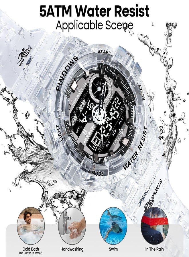 PINDOWS Watch for Men Watch Men Digital Sports Watch Large Digital Analog Dual Display Waterproof Watches with 3 Alarms Countdown Stopwatch Date Dual-Time LED Light Multifunctional Military Wrist Watches - Image 5