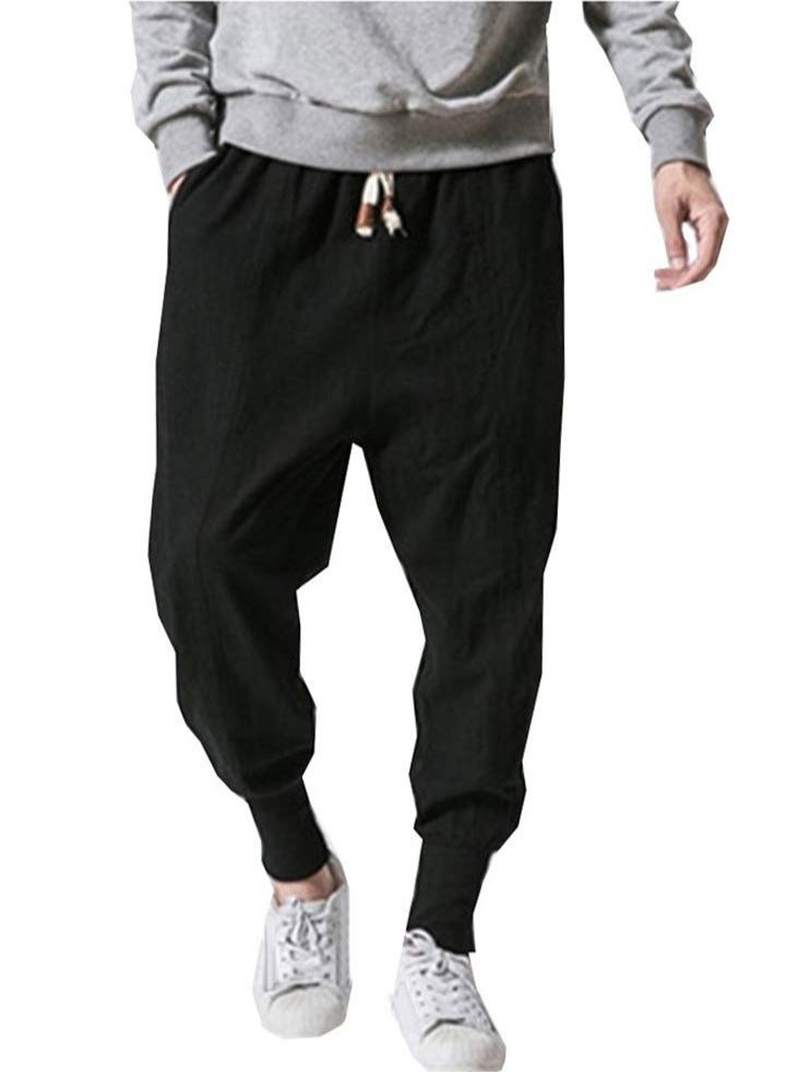 Linen Men's Pants - Loose Fit, Large Size, Trendy Harlem Pants, Lantern Cuff Casual Trousers, Linen Drop Crotch Wide Leg Baggy Harem Pants - Image 1