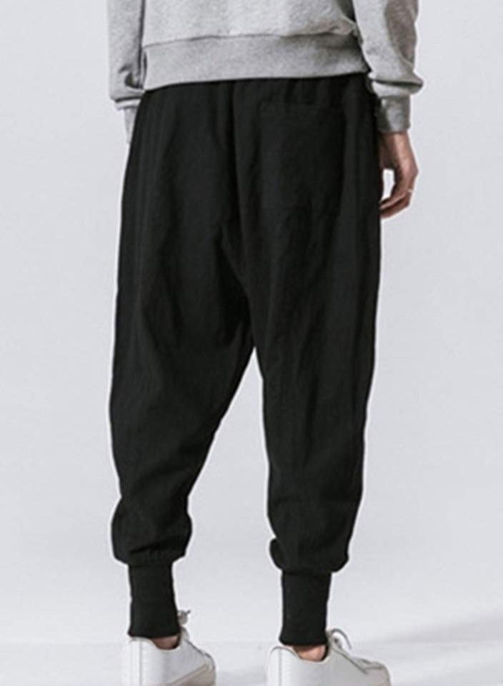 Linen Men's Pants - Loose Fit, Large Size, Trendy Harlem Pants, Lantern Cuff Casual Trousers, Linen Drop Crotch Wide Leg Baggy Harem Pants - Image 2