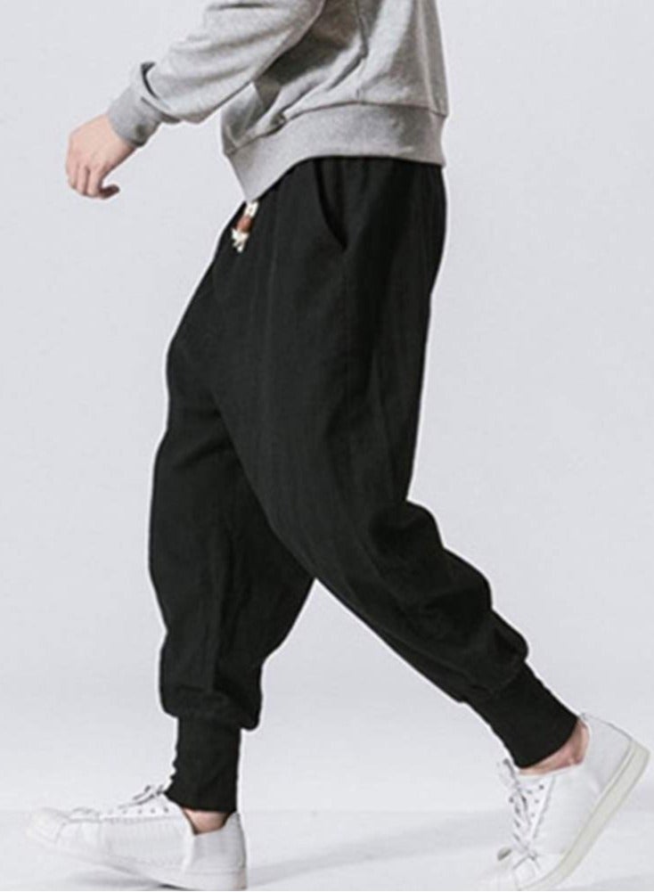 Linen Men's Pants - Loose Fit, Large Size, Trendy Harlem Pants, Lantern Cuff Casual Trousers, Linen Drop Crotch Wide Leg Baggy Harem Pants - Image 3