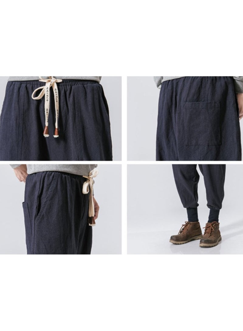 Linen Men's Pants - Loose Fit, Large Size, Trendy Harlem Pants, Lantern Cuff Casual Trousers, Linen Drop Crotch Wide Leg Baggy Harem Pants - Image 4