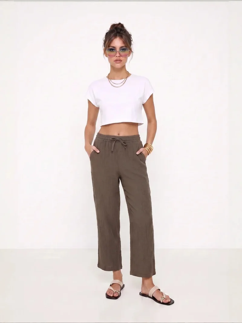 هابينس اسطنبول ISTANBUL Wide Leg Drawstring Waist Pants with Binding Detail