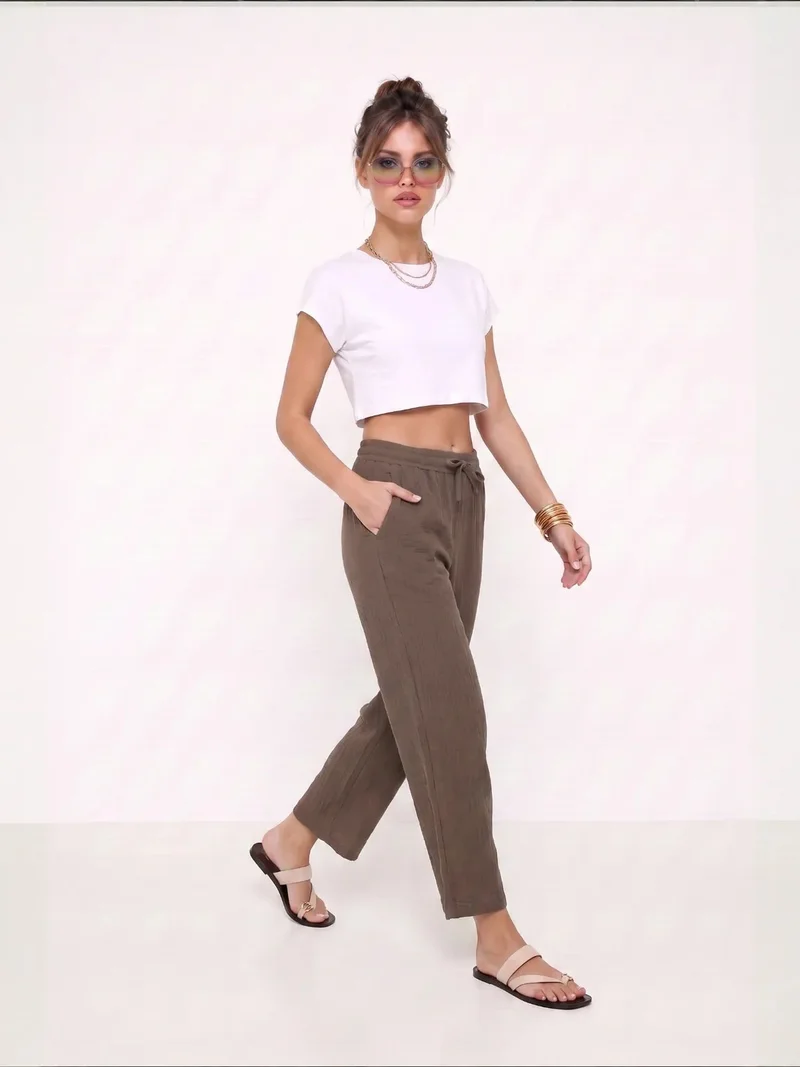 هابينس اسطنبول ISTANBUL Wide Leg Drawstring Waist Pants with Binding Detail