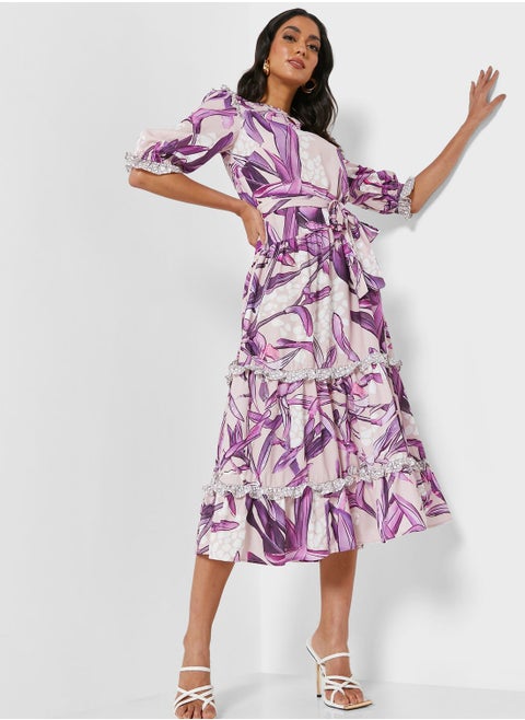 Belted Printed Ruffle Detail Dress