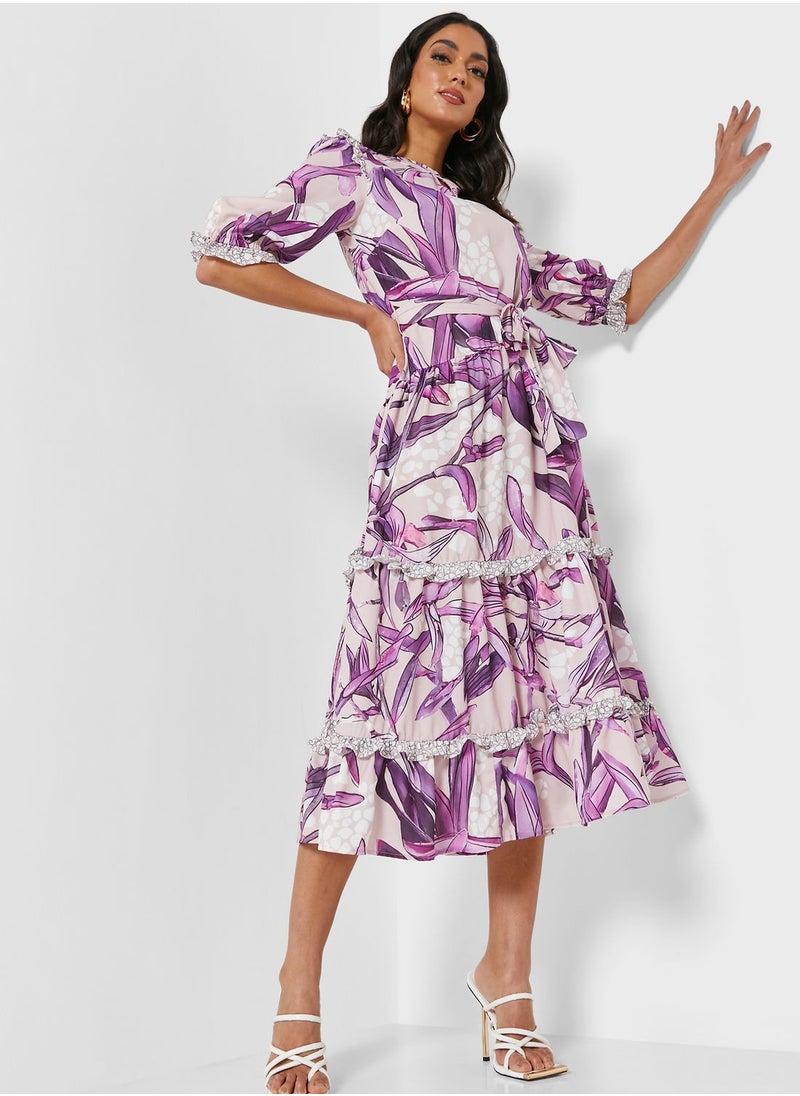 Raishma - Belted Printed Ruffle Detail Dress - Image 1