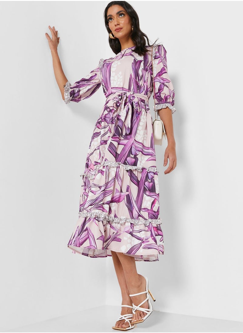 Raishma - Belted Printed Ruffle Detail Dress - Image 1