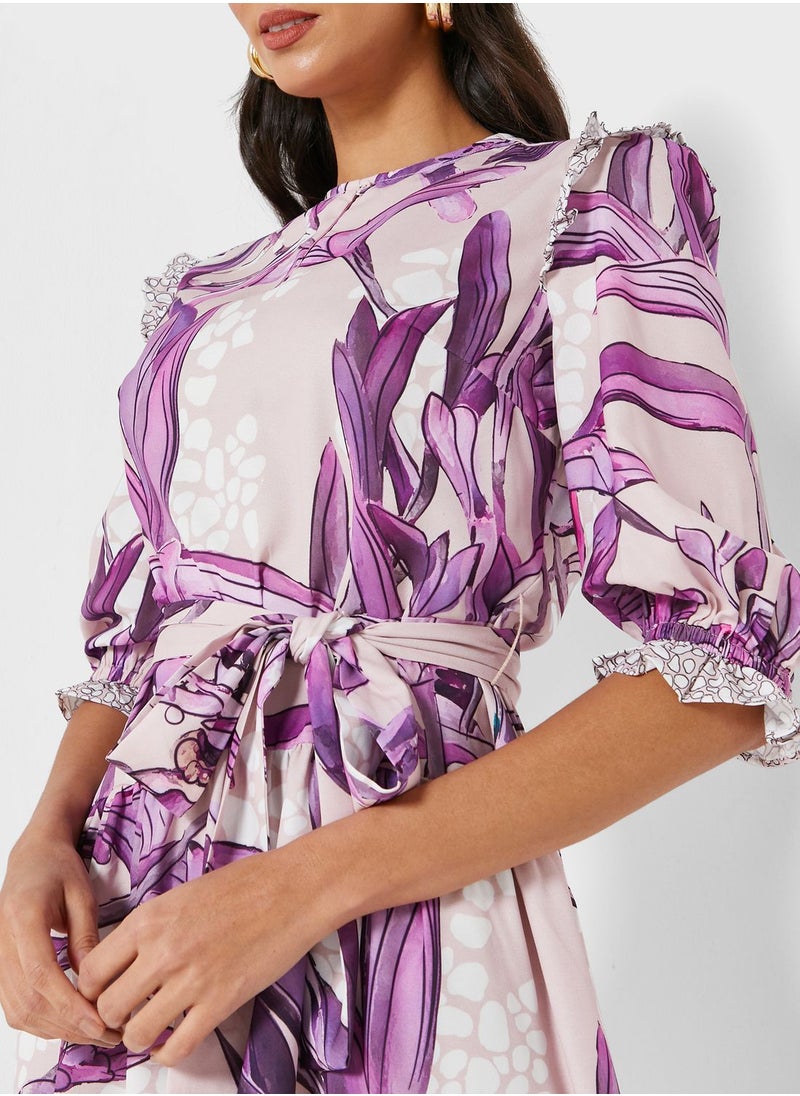 Raishma - Belted Printed Ruffle Detail Dress - Image 1