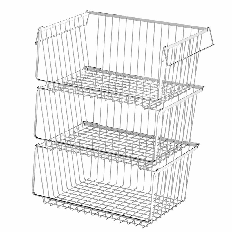 blitzlabs Wire Storage Basket Stackable Organizer Storage Baskets Bins Sturdy Metal Organization with Handles for Pantry Kitchen Closets Bathroom Cabinets Kitchen Set of 3