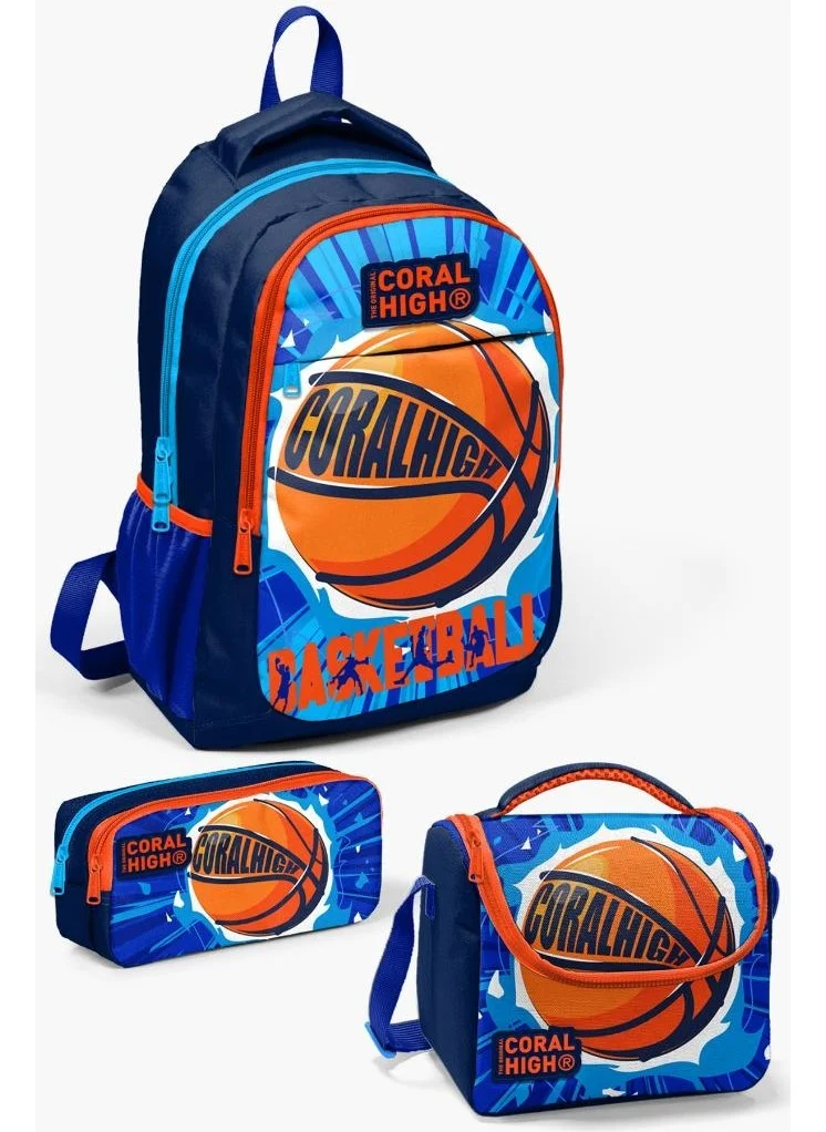 CORAL HIGH Kids Navy Blue Basketball Patterned 3-Piece School Bag Set GOSET0114405