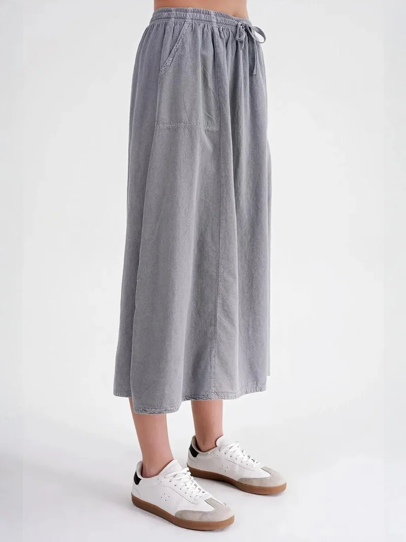 MixRay Grey Mixray High-Waisted Poplin Skirt with Drawstring Detail for Women | Best Price UAE
