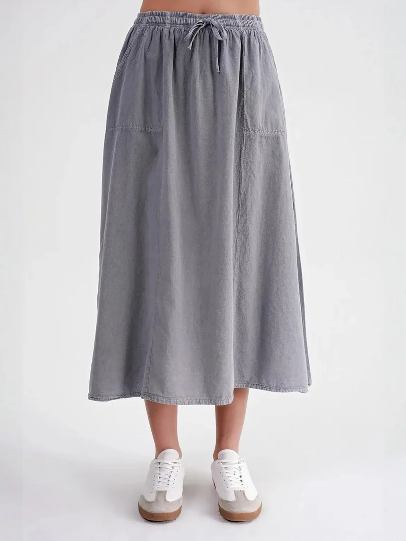 MixRay Grey Mixray High-Waisted Poplin Skirt with Drawstring Detail for Women | Best Price UAE