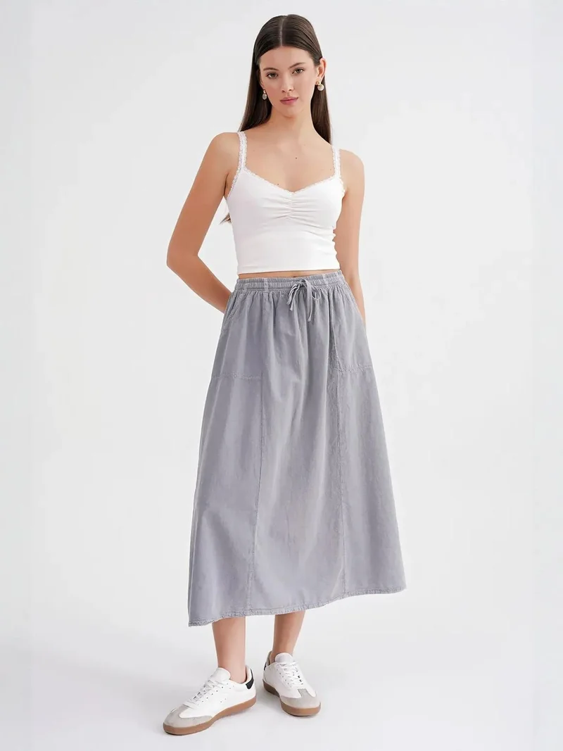 MixRay Grey Mixray High-Waisted Poplin Skirt with Drawstring Detail for Women | Best Price UAE