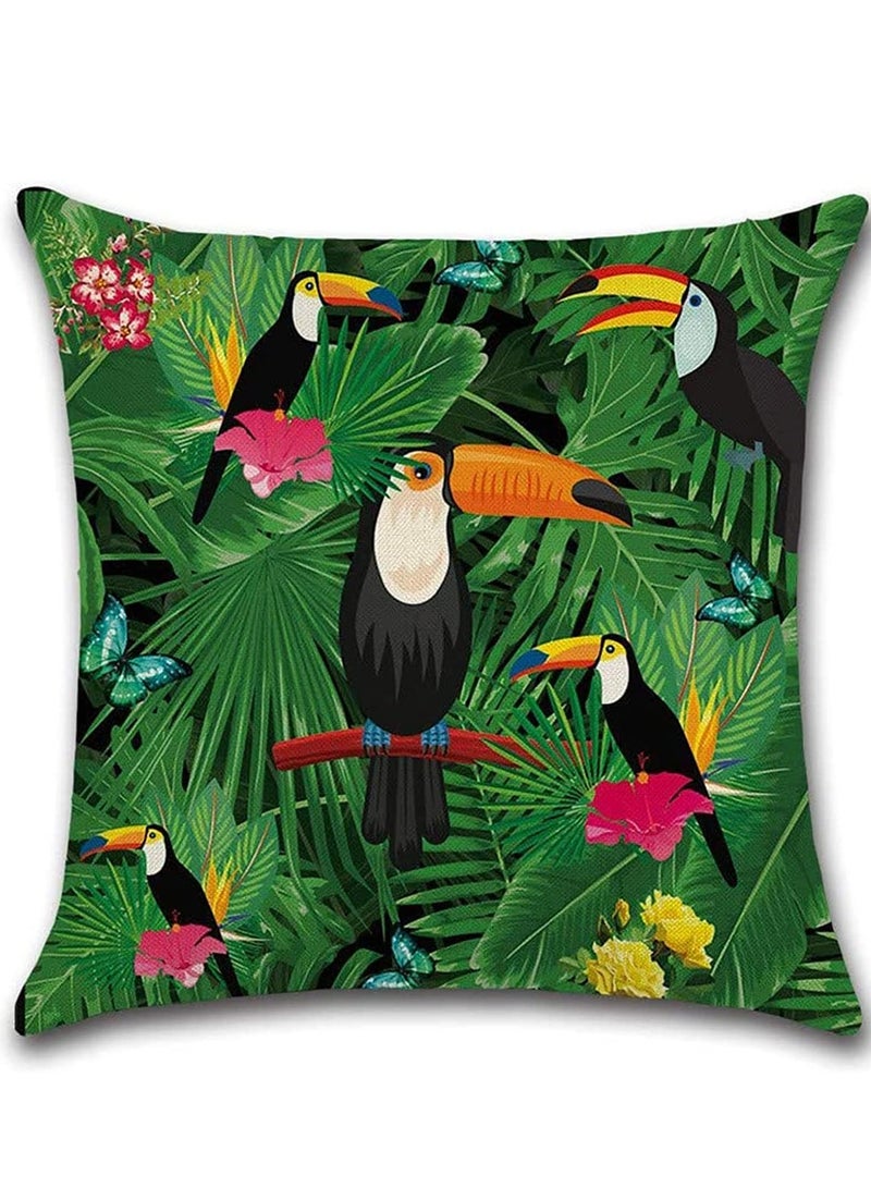 Throw Pillow Covers Green Cushion Covers Leaf, Tropical linen pillow covers with flamingo, Pack of 4 square jungle throw pillowcase, For sofa, couch, bedroom outdoor cushions 45 cm x 45 cm - Image 2