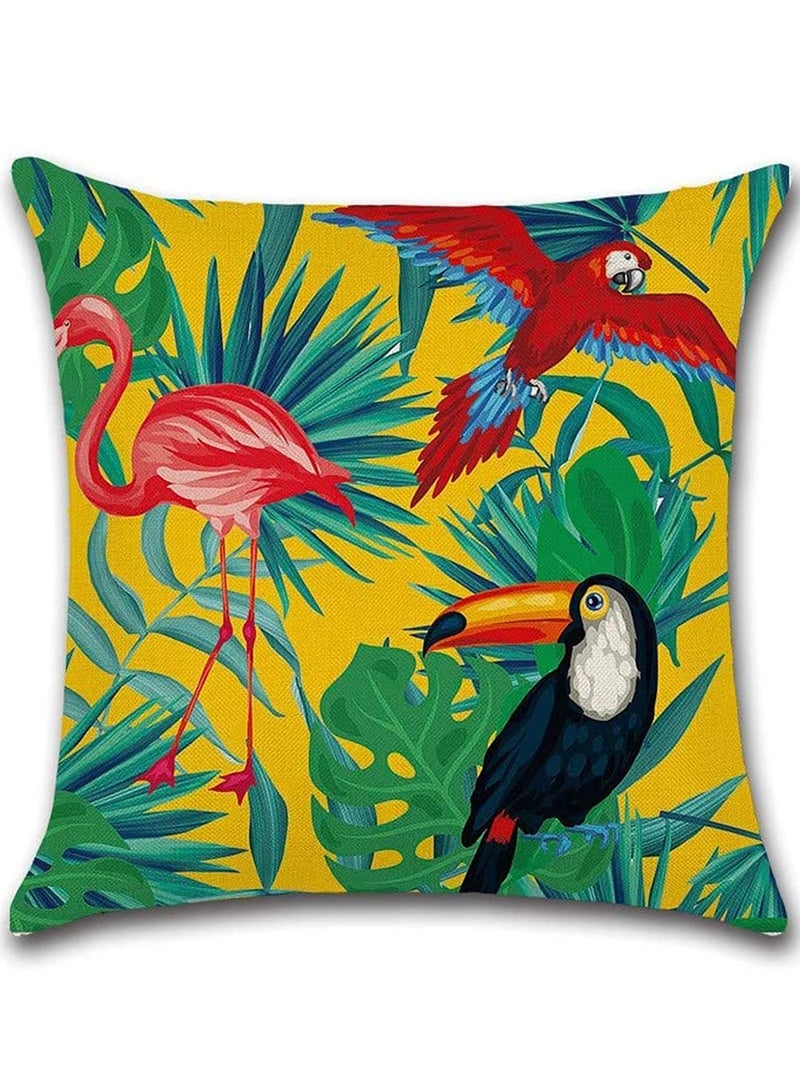 Throw Pillow Covers Green Cushion Covers Leaf, Tropical linen pillow covers with flamingo, Pack of 4 square jungle throw pillowcase, For sofa, couch, bedroom outdoor cushions 45 cm x 45 cm - Image 3