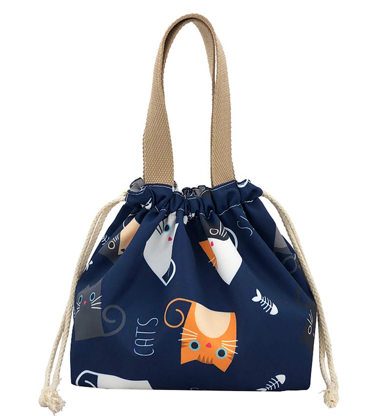 enyuwlcm Mini Lunch Tote Pouch Reusable Small Cute Lunch Bag with Drawstring Suitable for Girls Women Cat Blue - Image 1