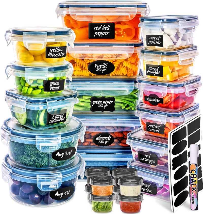 Snazzy 24 Pack Airtight Food Storage Container Set - BPA Free Clear Plastic Kitchen and Pantry Organization Meal Prep Lunch Container with Durable Leak Proof Lids - Labels, Marker & Spoon Set - Image 1