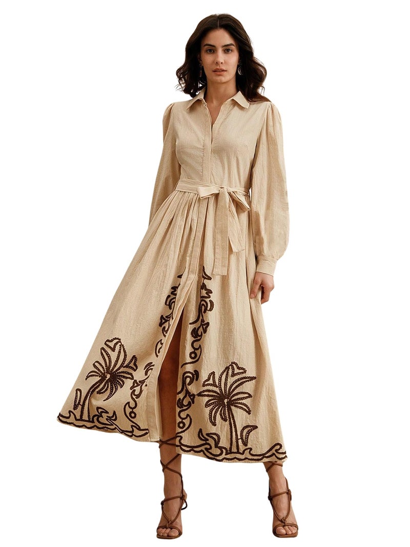 SMOWKLY Cotton Blend Women's Casual Dress Mid-Length Maxi Dress for Woman ||Stylish Frocks for Women ||One Piece Dress for Women || Long Midi Dress for Woman || Party & Beach Wear Cream - Image 1