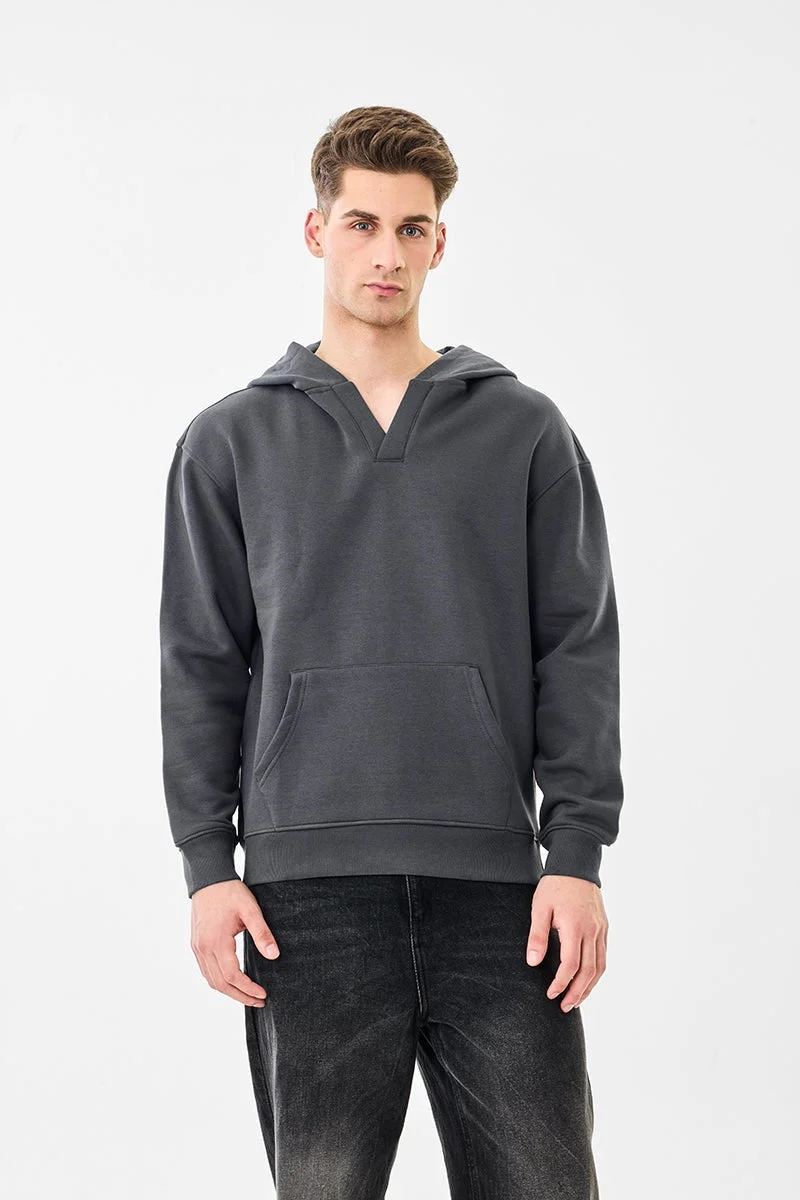 SNITCH Charcoal Grey Solid Long Sleeve Oversized Streetwear Hoodie