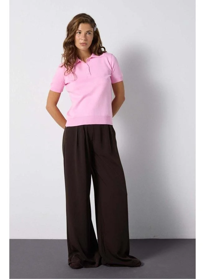 mina aise Women's pink short sleeve polo collar buttoned knit sweater 5273.