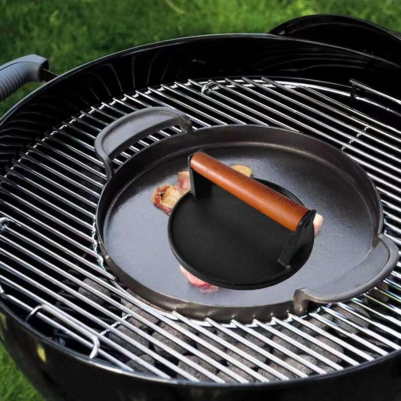 Firsgrill آلة ضغط البرجر 6.6" دائرية من الحديد الزهر الثقيل مع مقبض خشبي لمشاوي بلاكستون ويبر تريجر (YPX) (6.5" دائرية) - Image 3