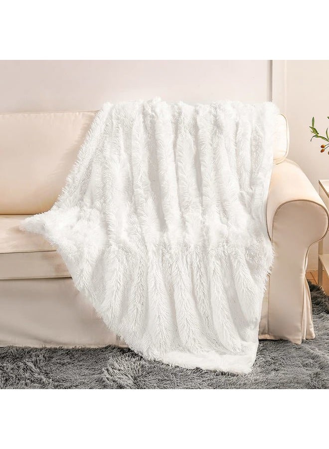 YUSOKI White Faux Fur Throw Bed Blanket,2 Layers,50" x 60", Soft Fuzzy Fluffy Plush Couch Blanket Furry Comfy Warm Decorative Blanket for Sofa Winter Chair Bedroom Christmas Decor Photoshoot Props - Image 1