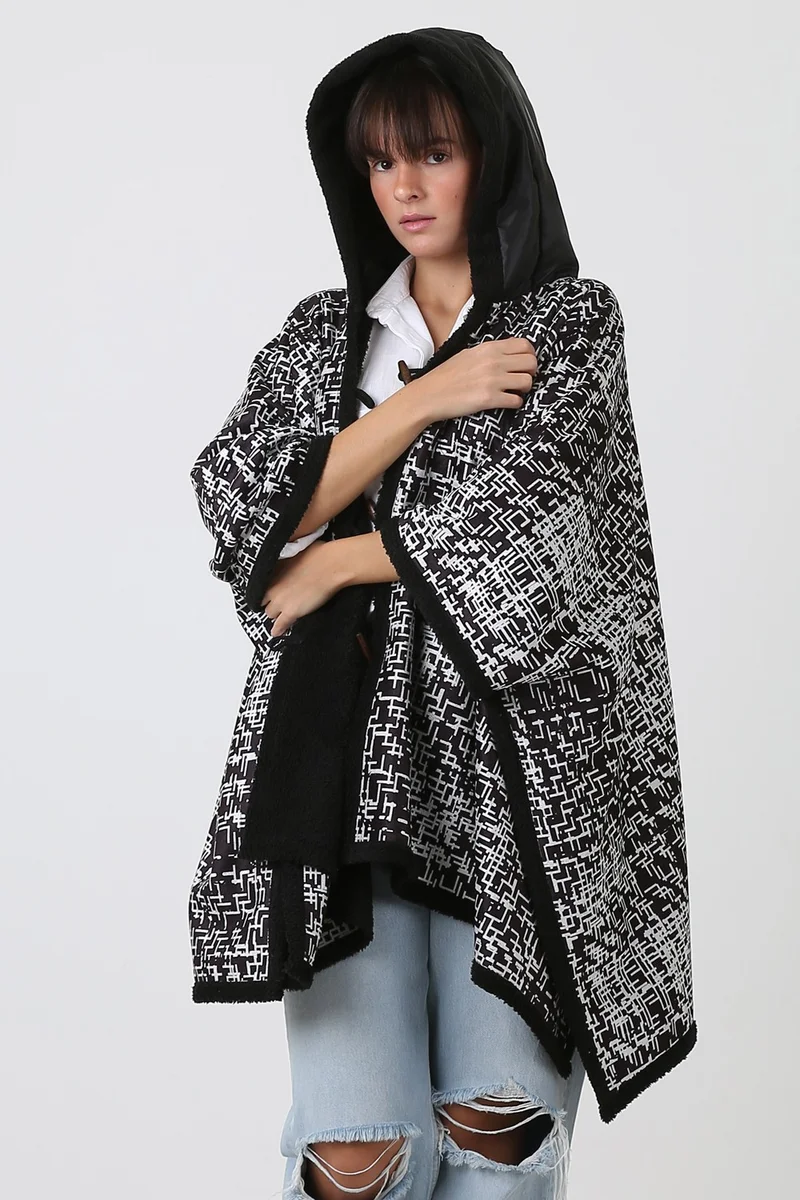 هامور Dough Hooded Oversize Buttoned Inside Black Plush Velvet Coat Tweed KK-803