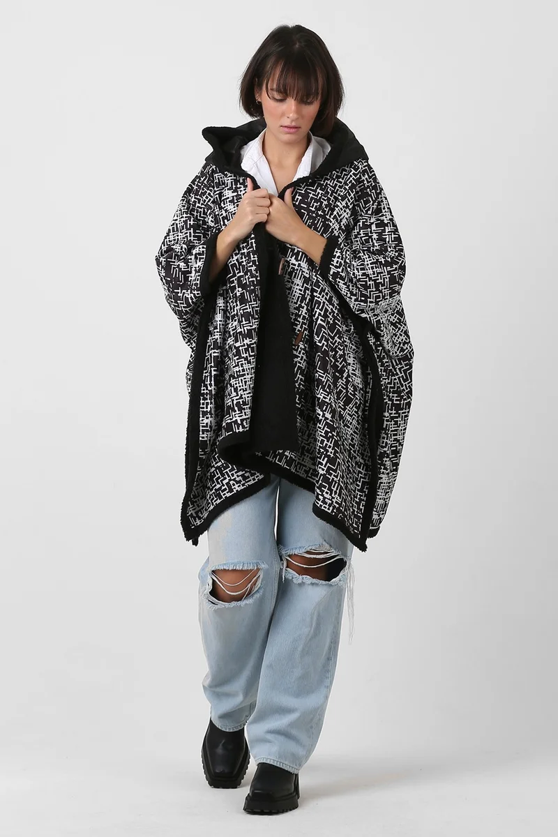 هامور Dough Hooded Oversize Buttoned Inside Black Plush Velvet Coat Tweed KK-803