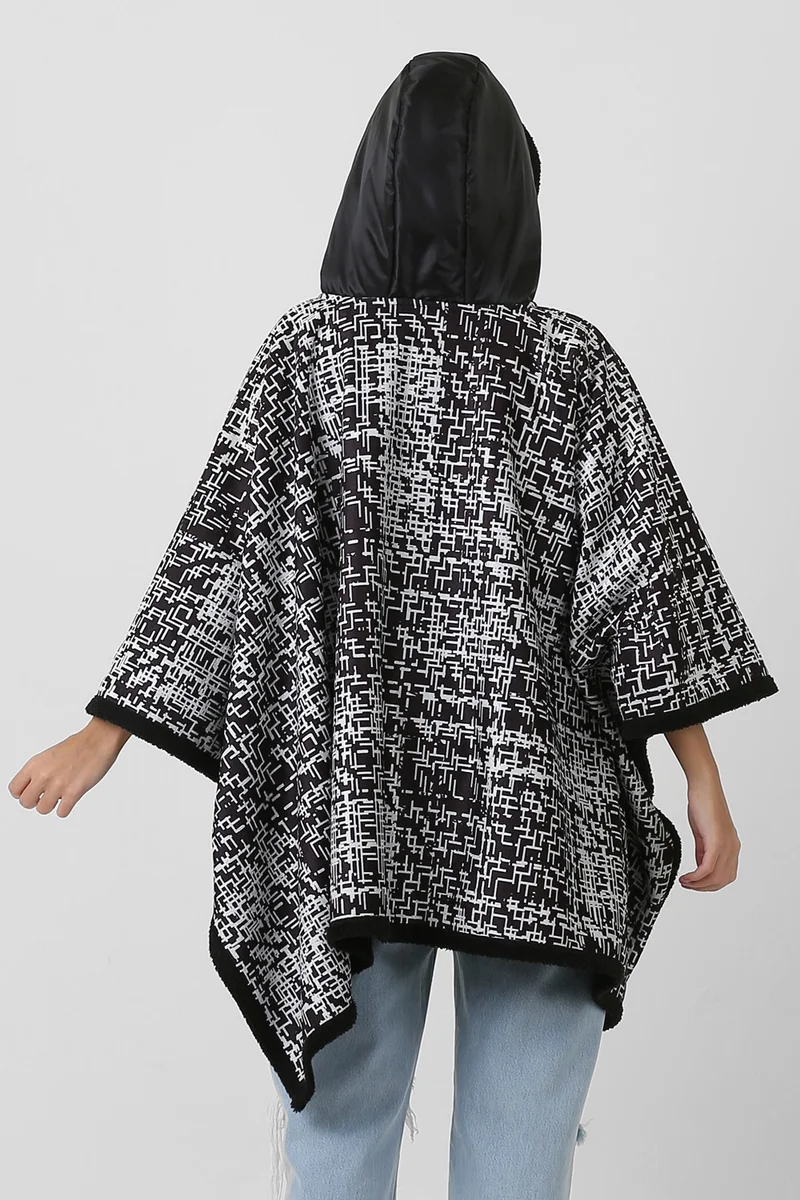 هامور Dough Hooded Oversize Buttoned Inside Black Plush Velvet Coat Tweed KK-803