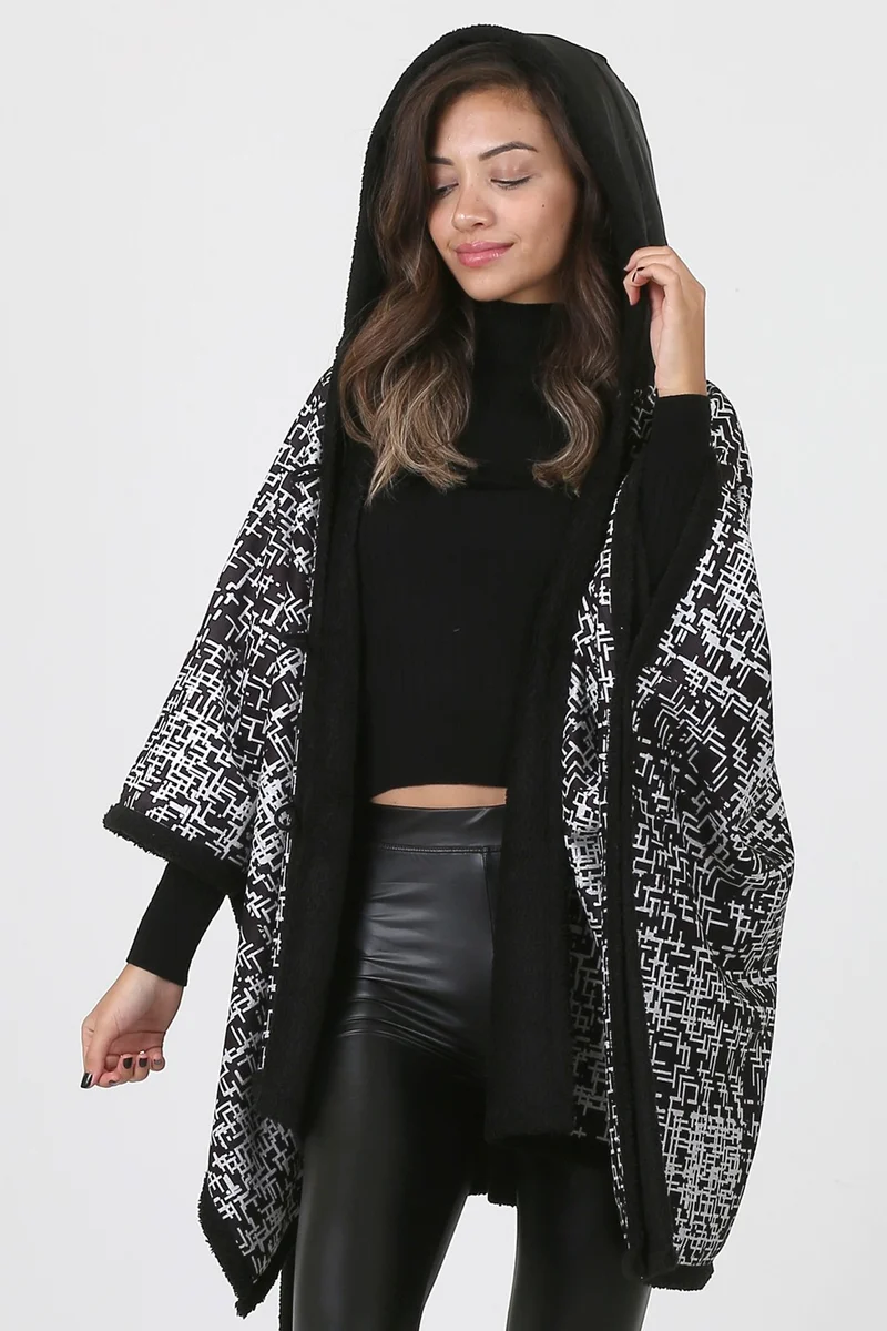 هامور Dough Hooded Oversize Buttoned Inside Black Plush Velvet Coat Tweed KK-803