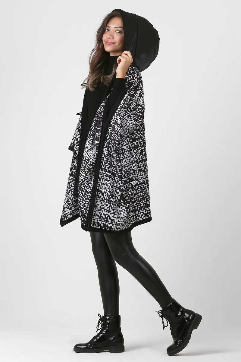 هامور Dough Hooded Oversize Buttoned Inside Black Plush Velvet Coat Tweed KK-803