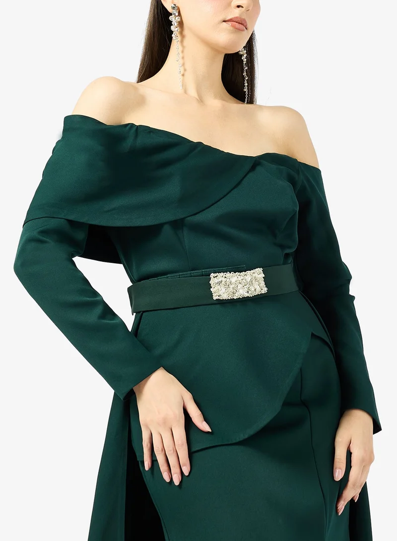 Iyra  Off-Shoulder Belted Side Slit Dress for Women | Best Price UAE
