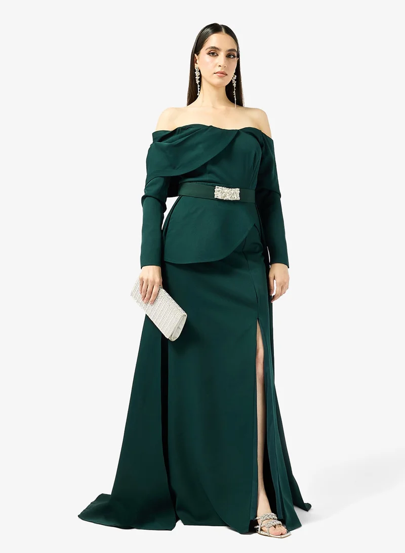 Iyra  Off-Shoulder Belted Side Slit Dress for Women | Best Price UAE