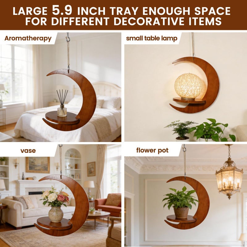 Tnstbiee Moon-Shaped Wooden Hanging Plant Stand - Bohemian Window Plant Shelf, Space-Saving Indoor Flower for 3-5.5 Inch Pots, Multi-Purpose Succulent Shelf & Unusual Gifts for Gardener Woman & Mother - Image 5