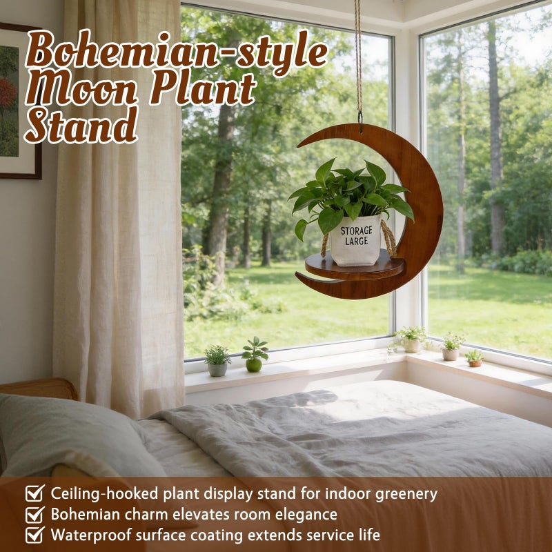 Tnstbiee Moon-Shaped Wooden Hanging Plant Stand - Bohemian Window Plant Shelf, Space-Saving Indoor Flower for 3-5.5 Inch Pots, Multi-Purpose Succulent Shelf & Unusual Gifts for Gardener Woman & Mother - Image 3