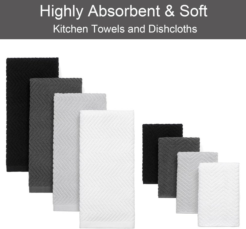QAJ 100% Cotton Kitchen Towels and Dishcloths Set, Pack of 8 Super Absorbent 16" x 25" Kitchen Towels and 13" x 13" Dish Cloths (400 GSM) - Image 2