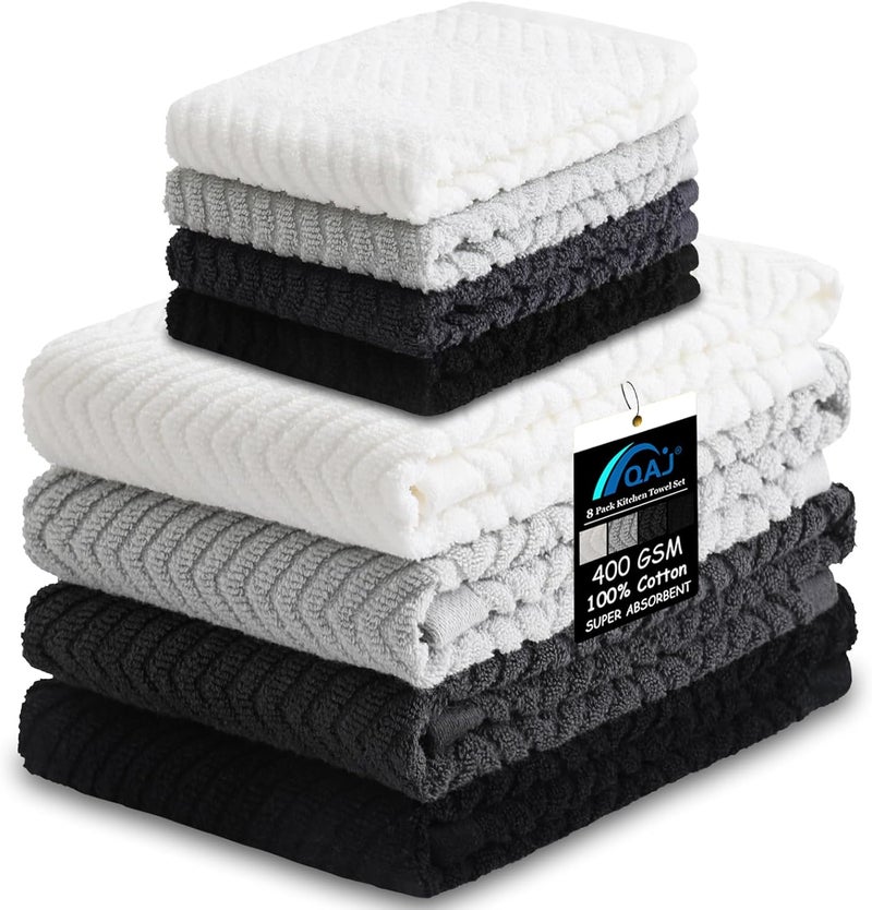QAJ 100% Cotton Kitchen Towels and Dishcloths Set, Pack of 8 Super Absorbent 16" x 25" Kitchen Towels and 13" x 13" Dish Cloths (400 GSM) - Image 1