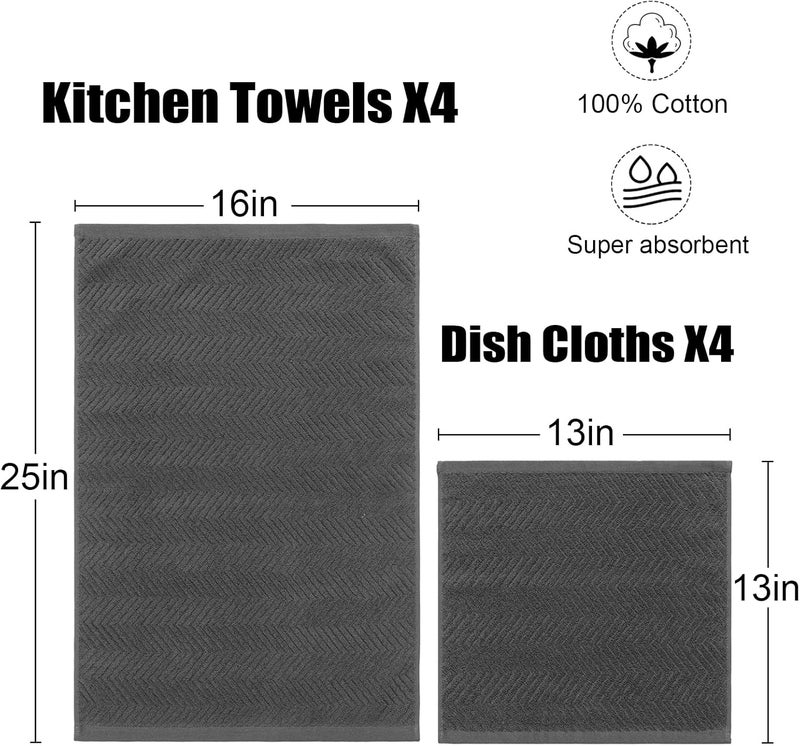 QAJ 100% Cotton Kitchen Towels and Dishcloths Set, Pack of 8 Super Absorbent 16" x 25" Kitchen Towels and 13" x 13" Dish Cloths (400 GSM) - Image 3