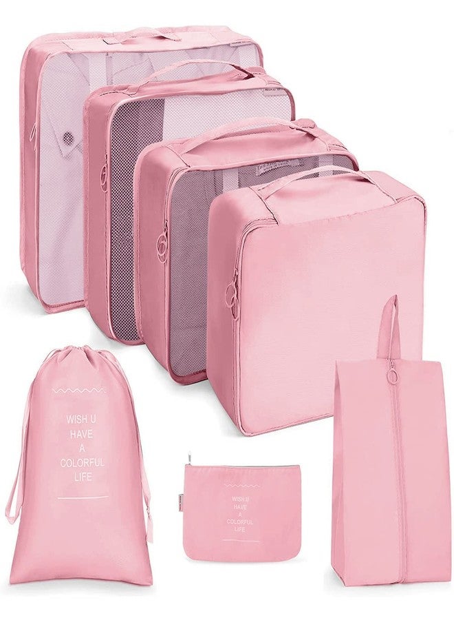 NOBLEUX Premium 7 Pcs Travel Organizer Set - Durable Nylon Packing Cubes with Shoe & Cosmetic Bags | Stylish Luggage Storage System for Smart Travel (Pink) - Image 1