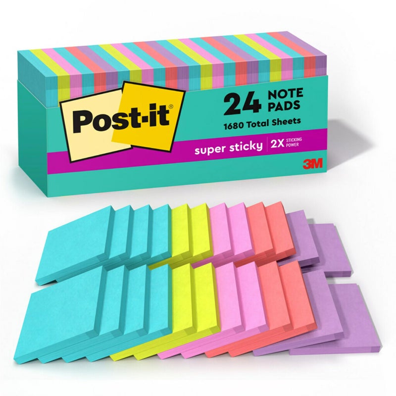 Post It Post-it Super Sticky Notes, 3x3 in, 24 Pads, 2X The Sticking Power, Supernova Neons, Bright Colors, Recyclable(654-24SSMIA-CP) - Image 1