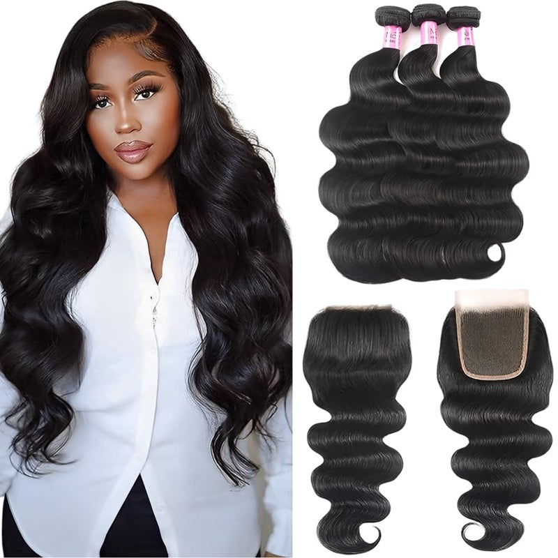 UNice Hair Brazilian Body Wave 3 Bundles with Free Part Lace Closure Unprocessed Virgin Human Hair Weaves Extensions Natural Color 18 20 2216Closure