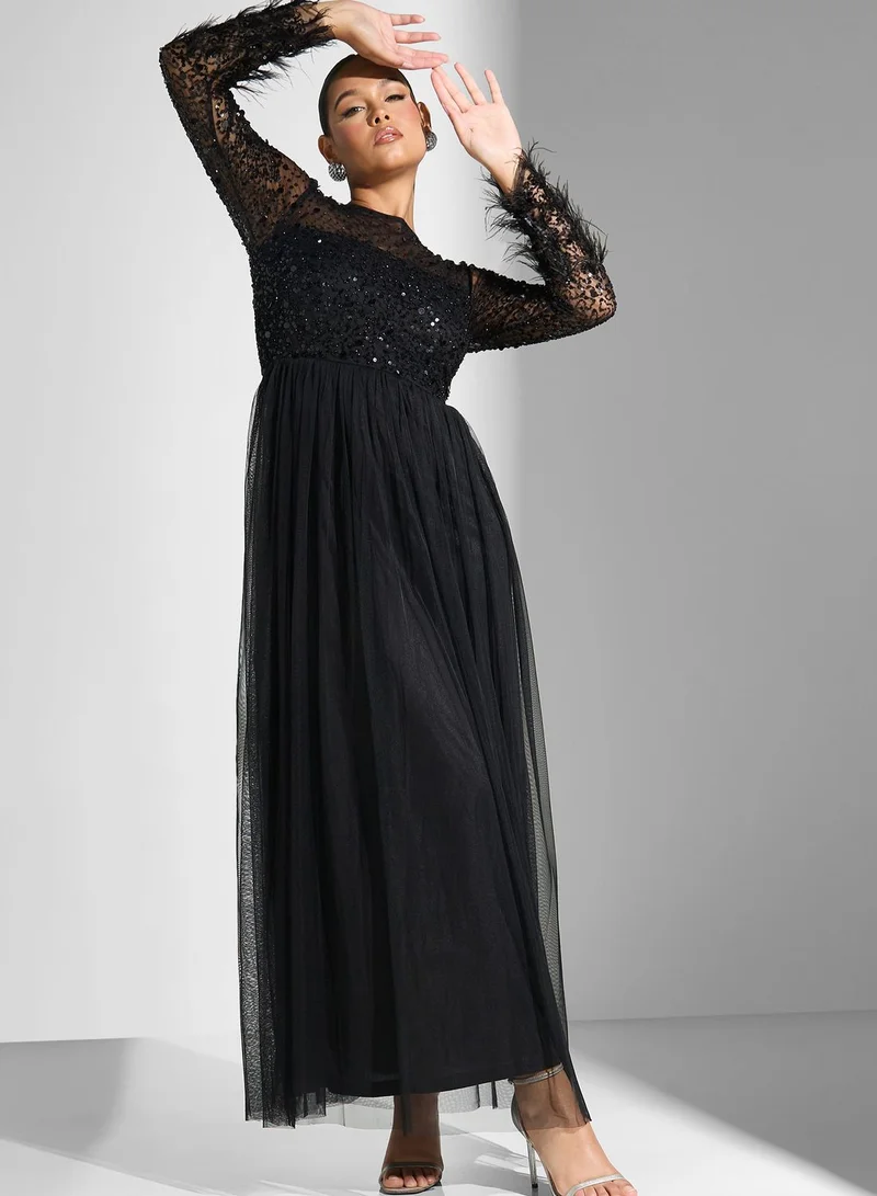 Amelia Rose Fringe Sleeve Tiered Mesh Dress