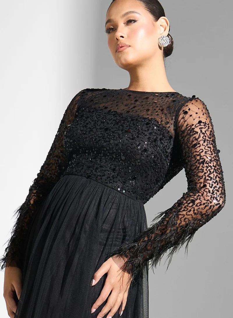 Amelia Rose Fringe Sleeve Tiered Mesh Dress